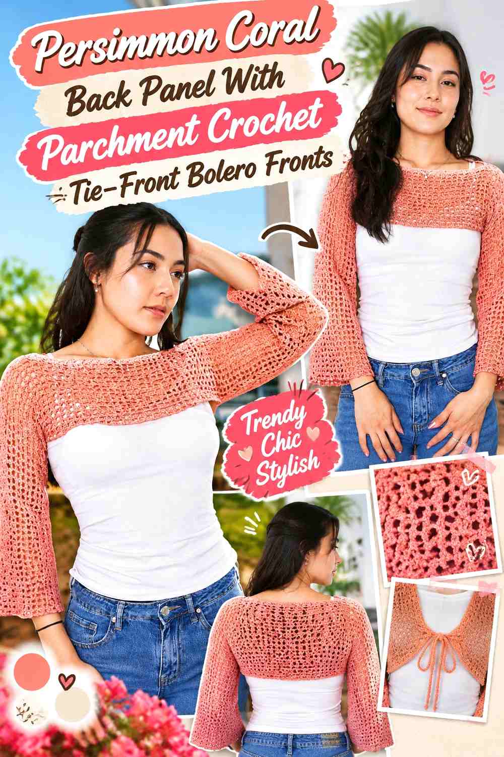 Persimmon Coral Back Panel With Parchment Crochet Tie-Front Bolero Fronts