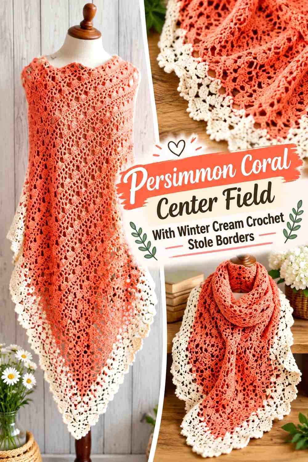 Persimmon Coral Center Field With Winter Cream Crochet Stole Borders