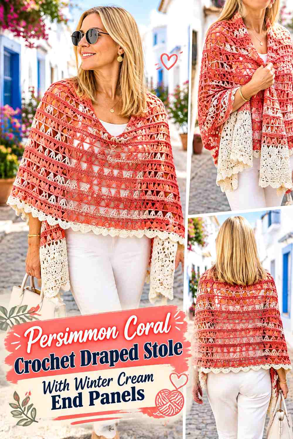 Persimmon Coral Crochet Draped Stole With Winter Cream End Panels
