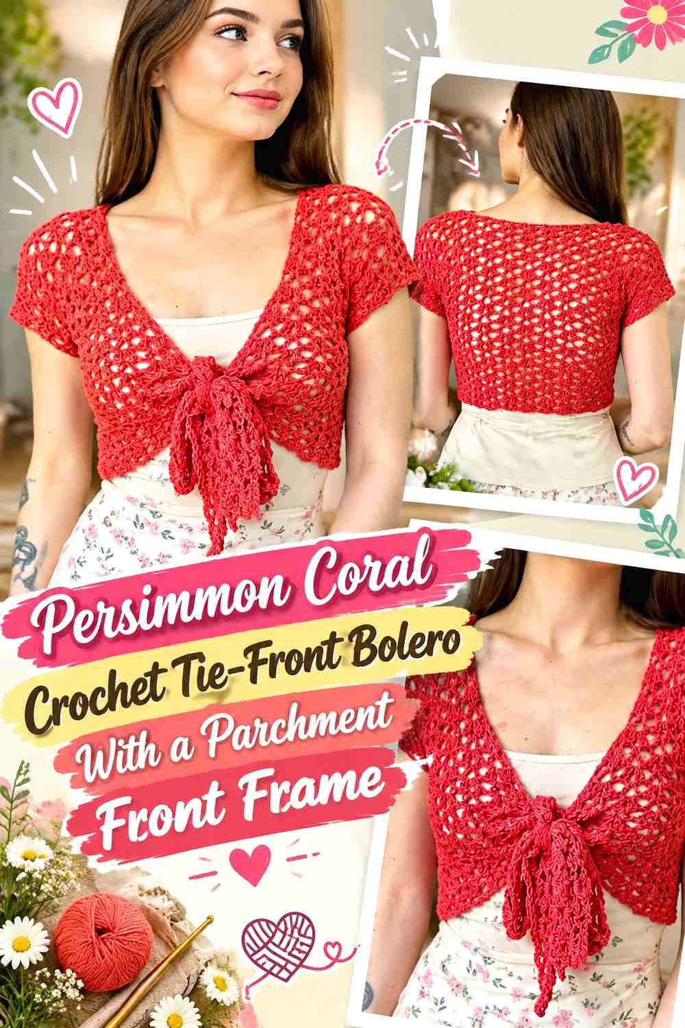 Persimmon Coral Crochet Tie-Front Bolero With a Parchment Front Frame