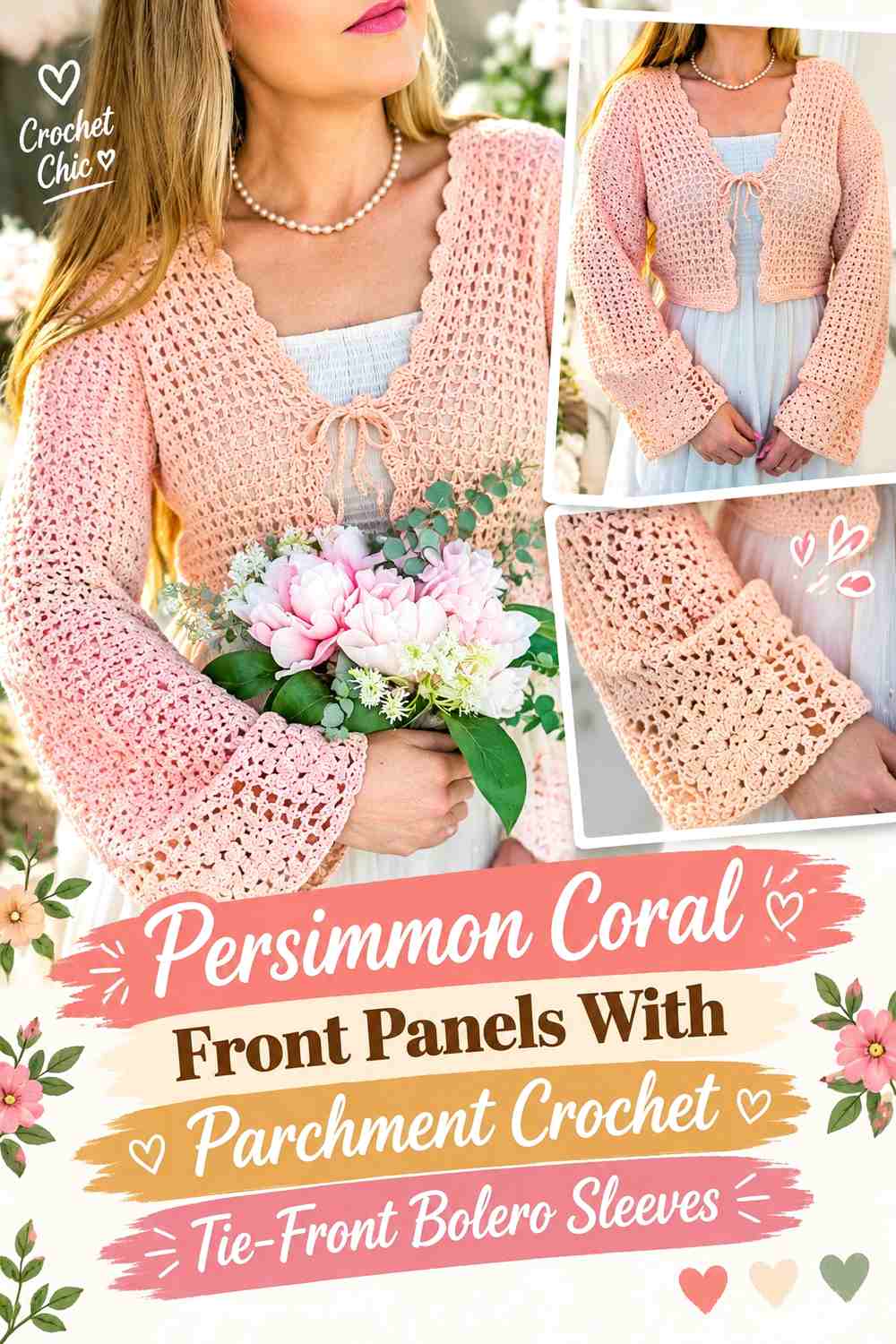 Persimmon Coral Front Panels With Parchment Crochet Tie-Front Bolero Sleeves