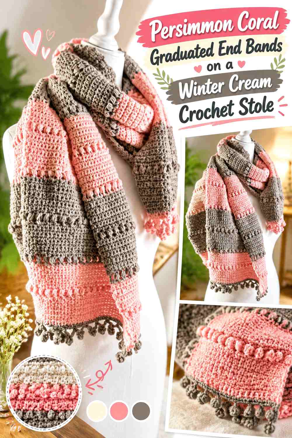 Persimmon Coral Graduated End Bands on a Winter Cream Crochet Stole