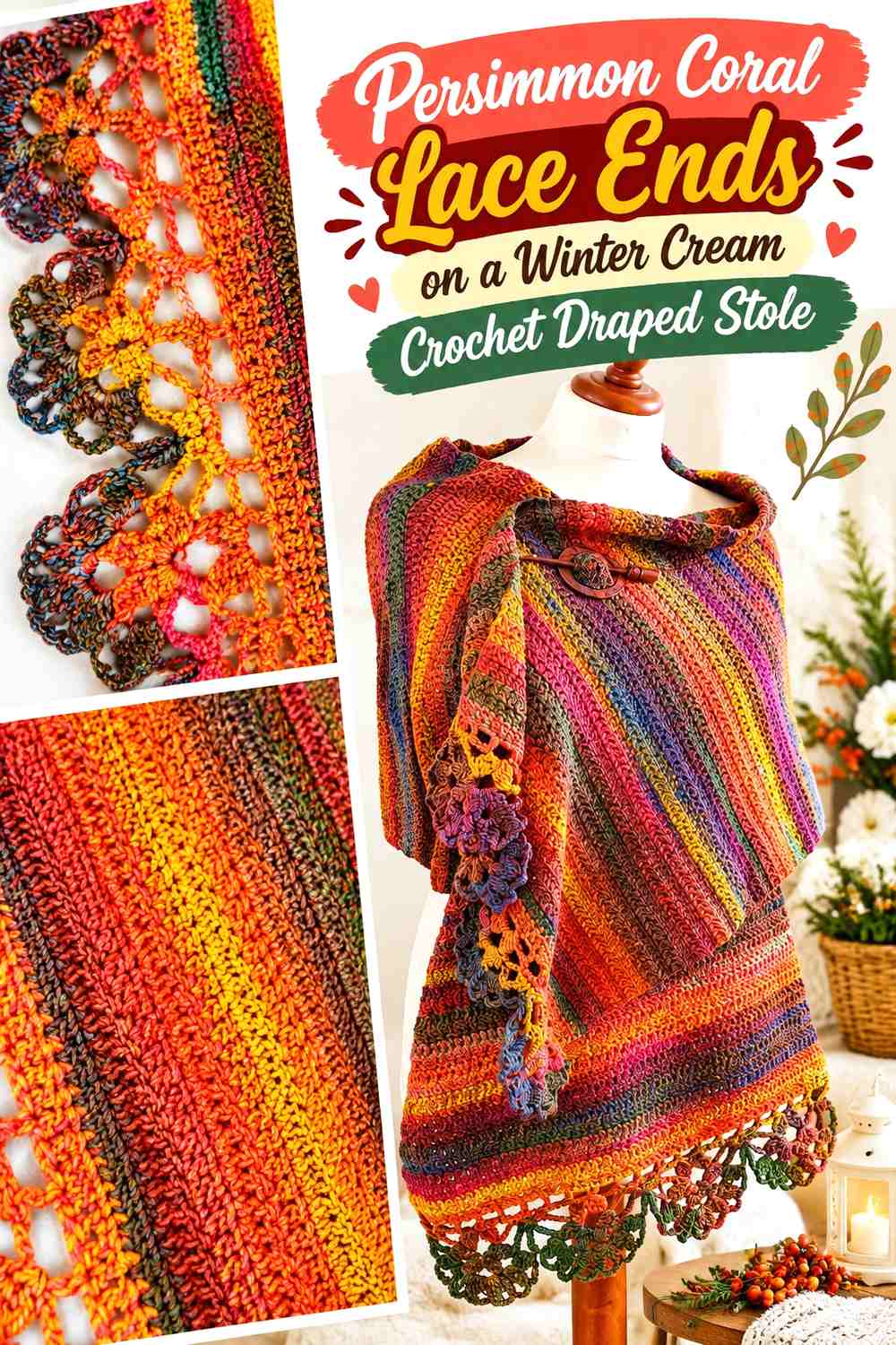 Persimmon Coral Lace Ends on a Winter Cream Crochet Draped Stole