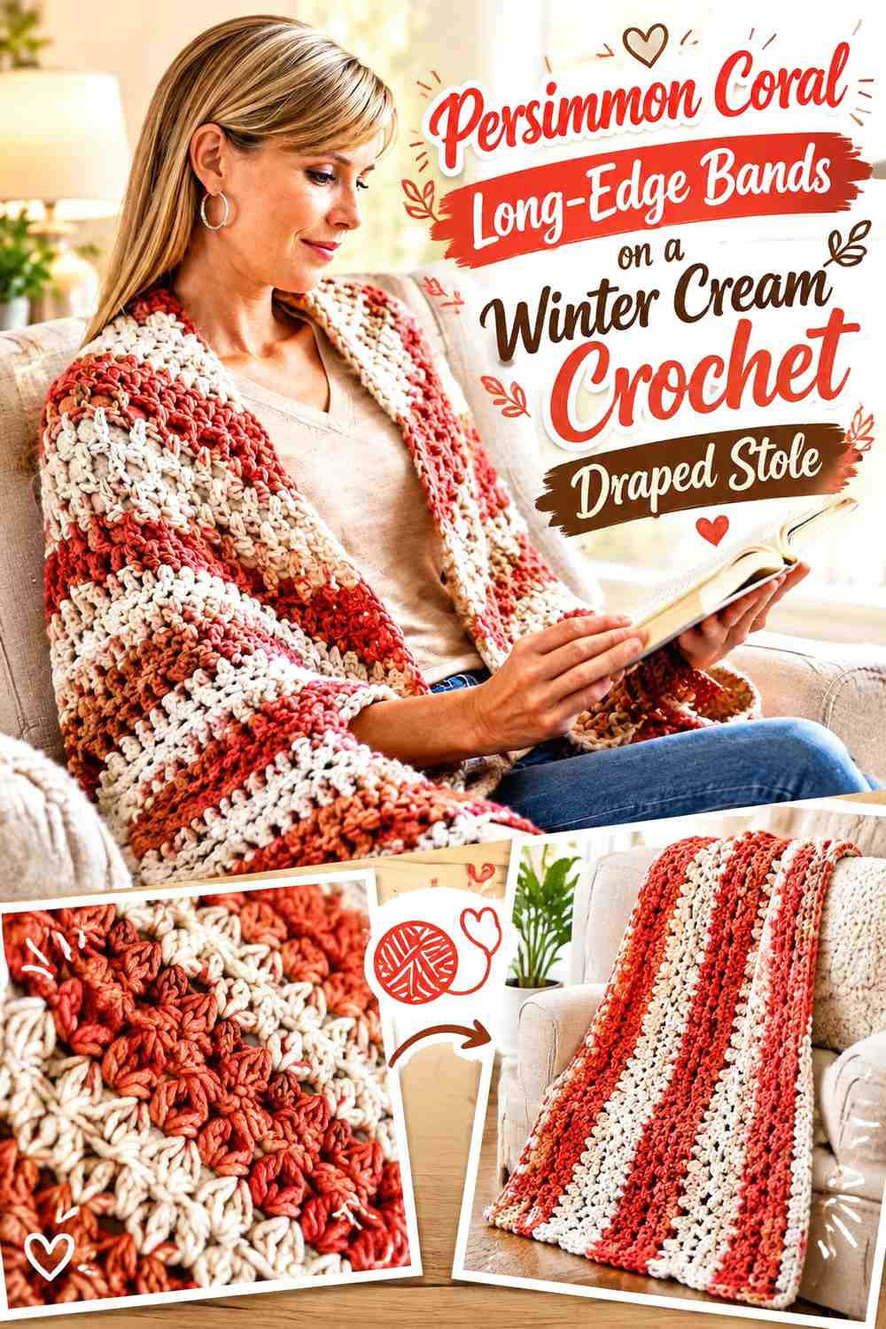 Persimmon Coral Long-Edge Bands on a Winter Cream Crochet Draped Stole