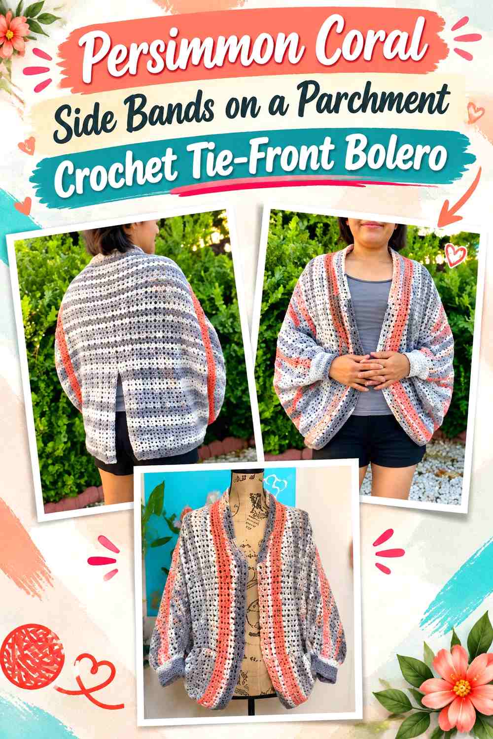 Persimmon Coral Side Bands on a Parchment Crochet Tie-Front Bolero