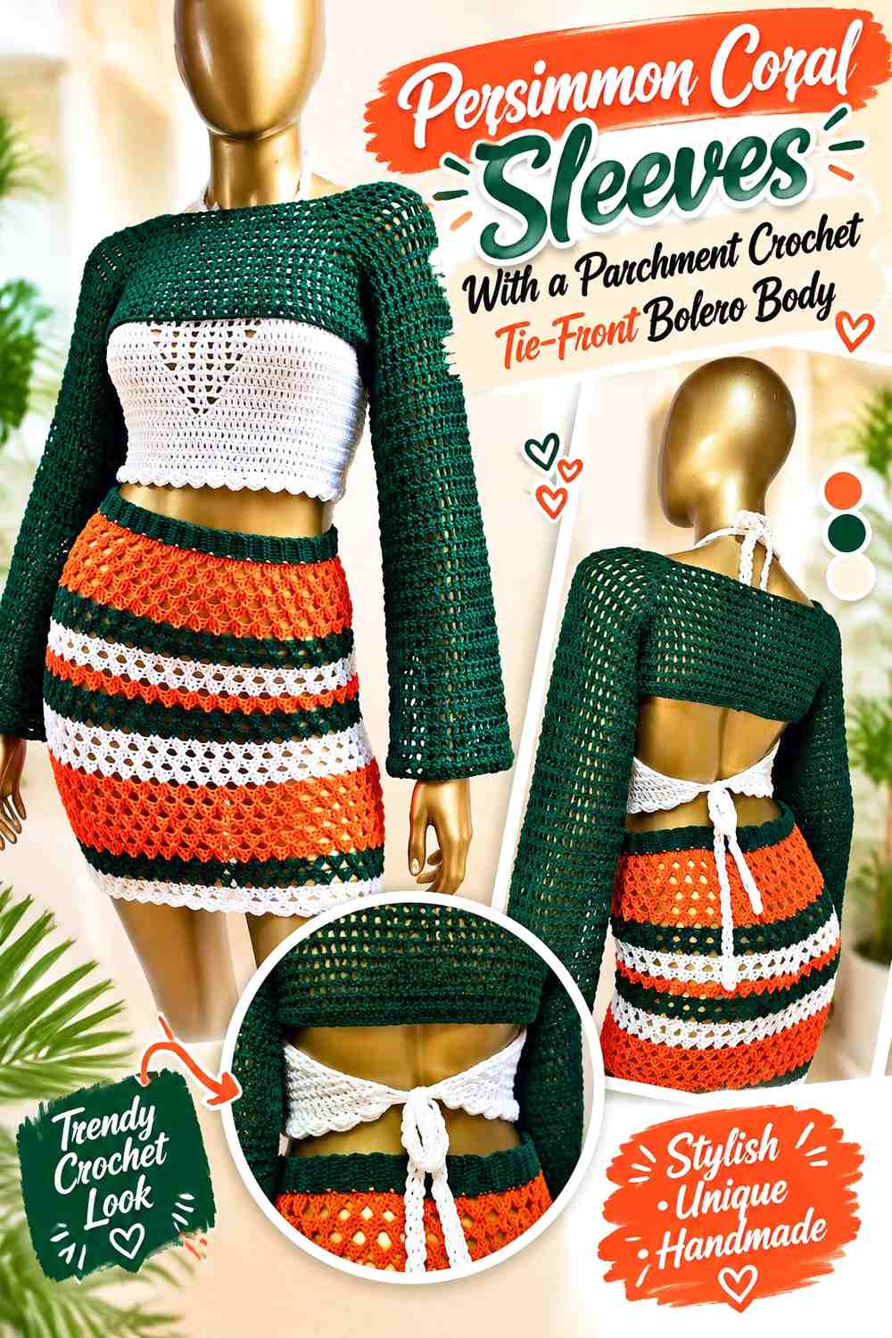 Persimmon Coral Sleeves With a Parchment Crochet Tie-Front Bolero Body