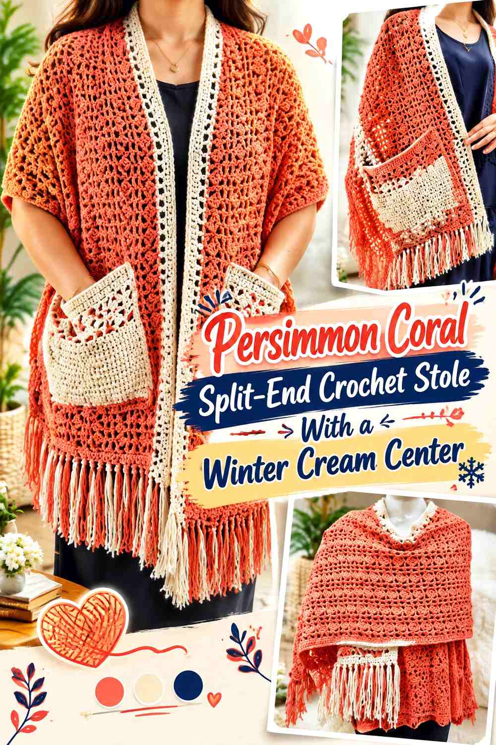 Persimmon Coral Split-End Crochet Stole With a Winter Cream Center
