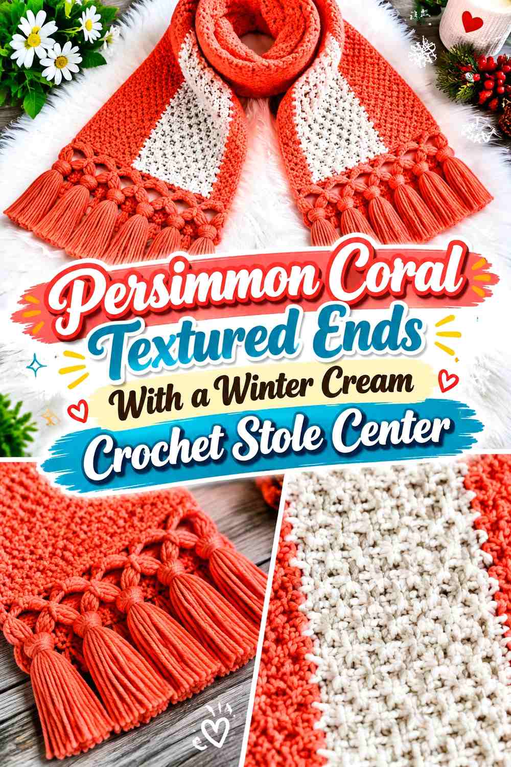 Persimmon Coral Textured Ends With a Winter Cream Crochet Stole Center