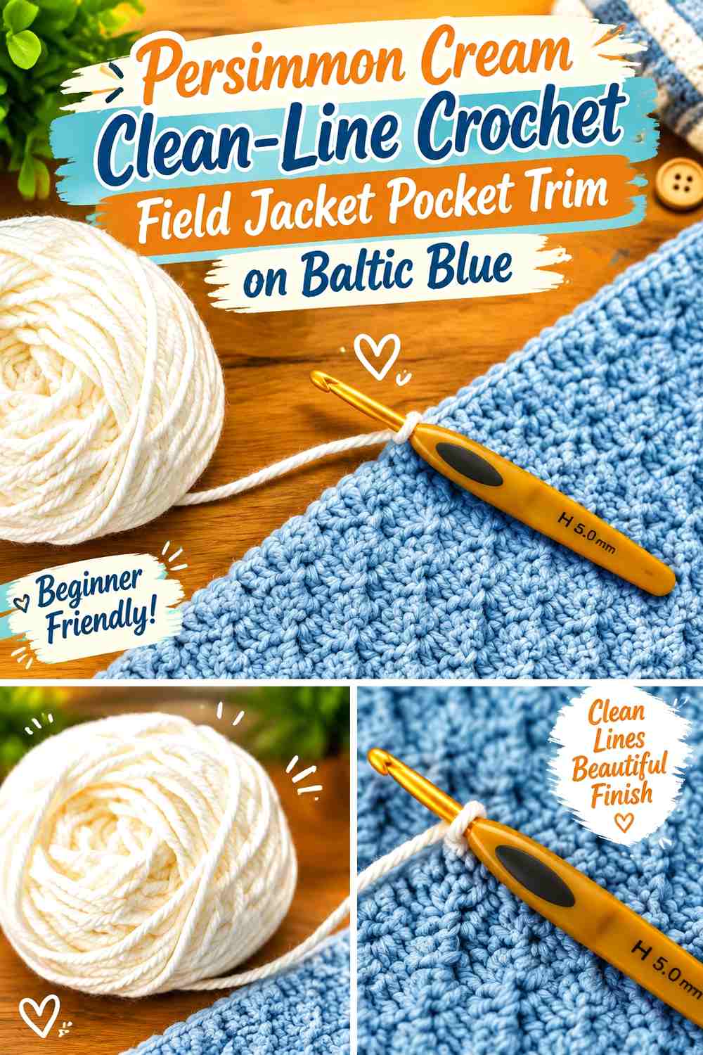 Persimmon Cream Clean-Line Crochet Field Jacket Pocket Trim on Baltic Blue