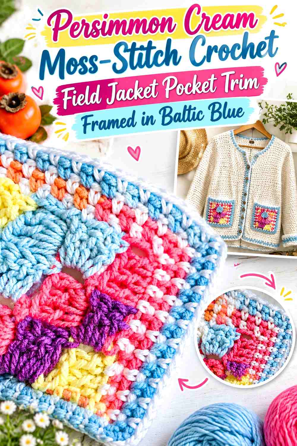 Persimmon Cream Moss-Stitch Crochet Field Jacket Pocket Trim Framed in Baltic Blue