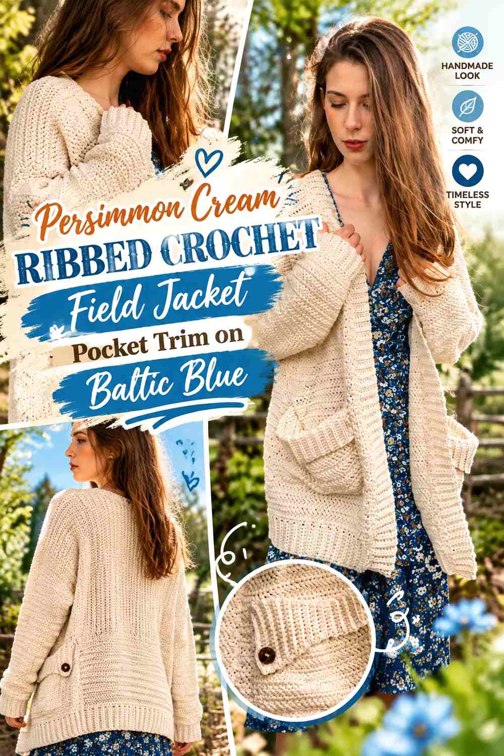 Persimmon Cream Ribbed Crochet Field Jacket Pocket Trim on Baltic Blue