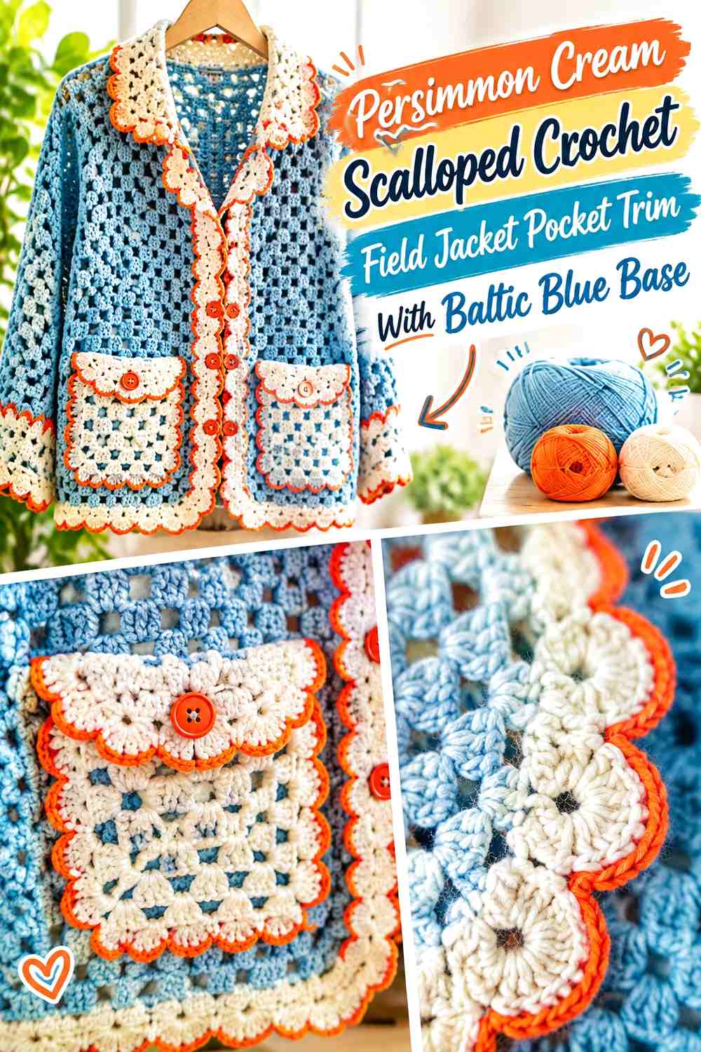 Persimmon Cream Scalloped Crochet Field Jacket Pocket Trim With Baltic Blue Base