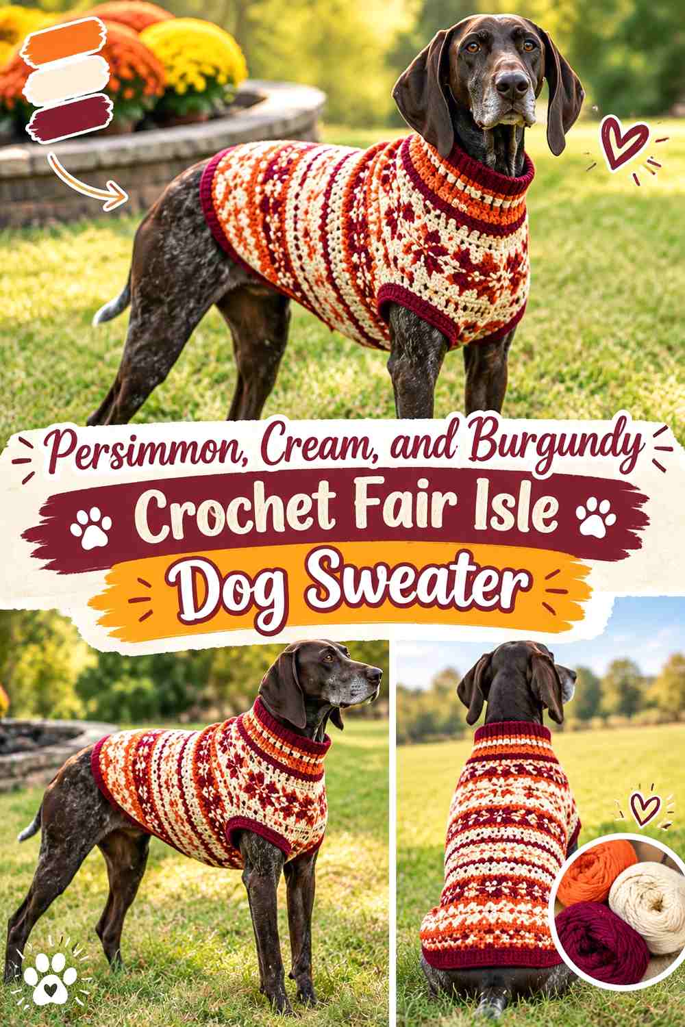 Persimmon, Cream, and Burgundy Crochet Fair Isle Dog Sweater