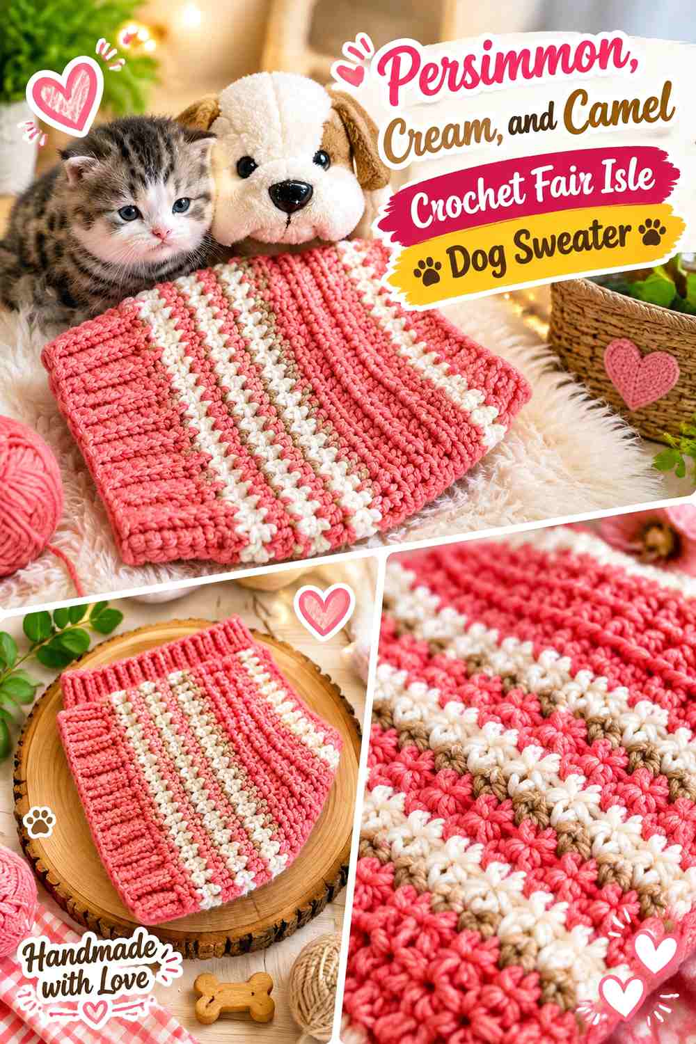 Persimmon, Cream, and Camel Crochet Fair Isle Dog Sweater