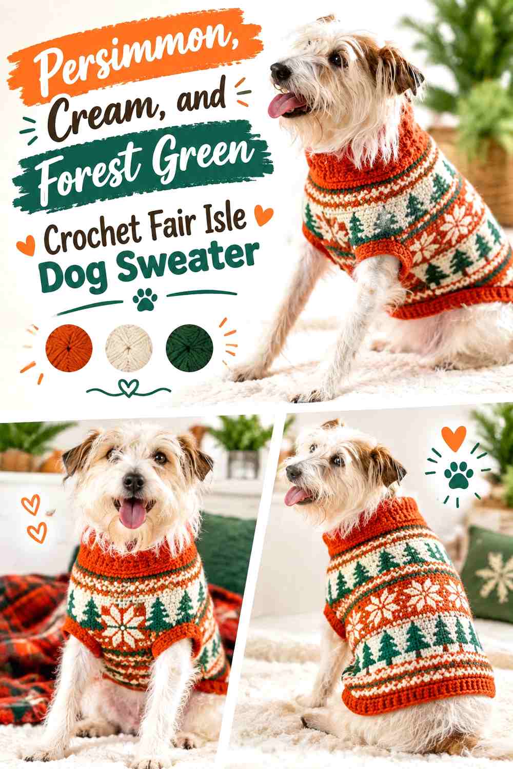 Persimmon, Cream, and Forest Green Crochet Fair Isle Dog Sweater