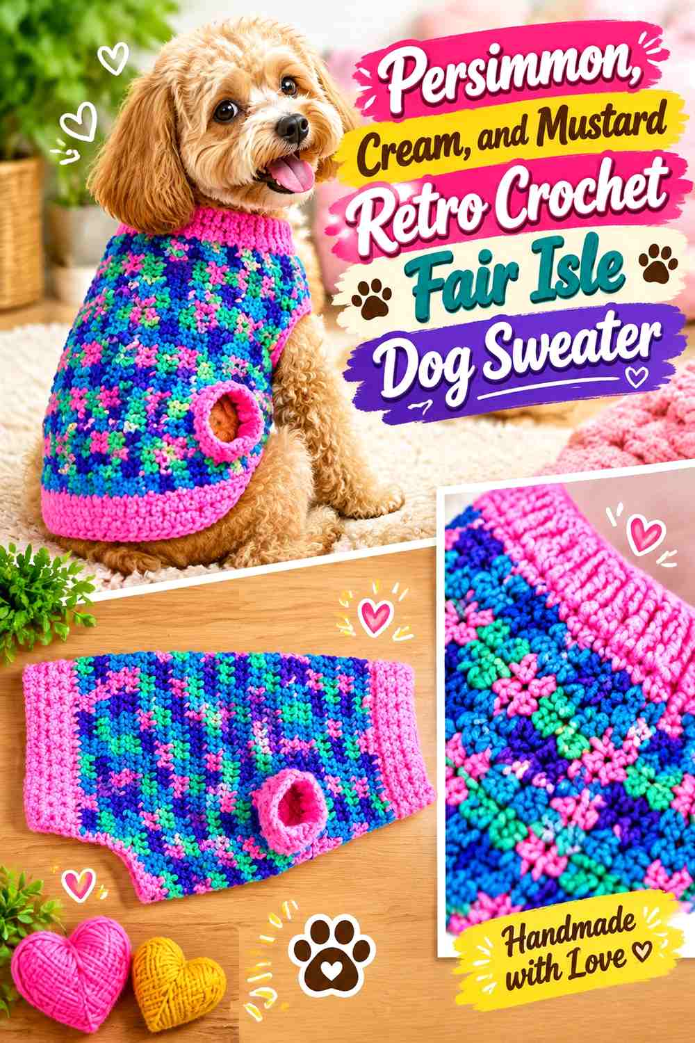 Persimmon, Cream, and Mustard Retro Crochet Fair Isle Dog Sweater