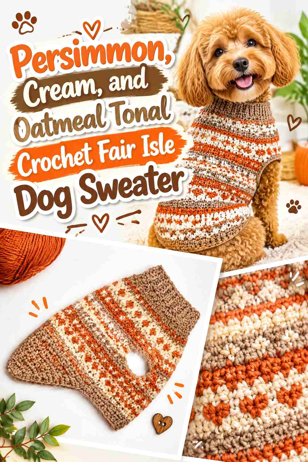 Persimmon, Cream, and Oatmeal Tonal Crochet Fair Isle Dog Sweater