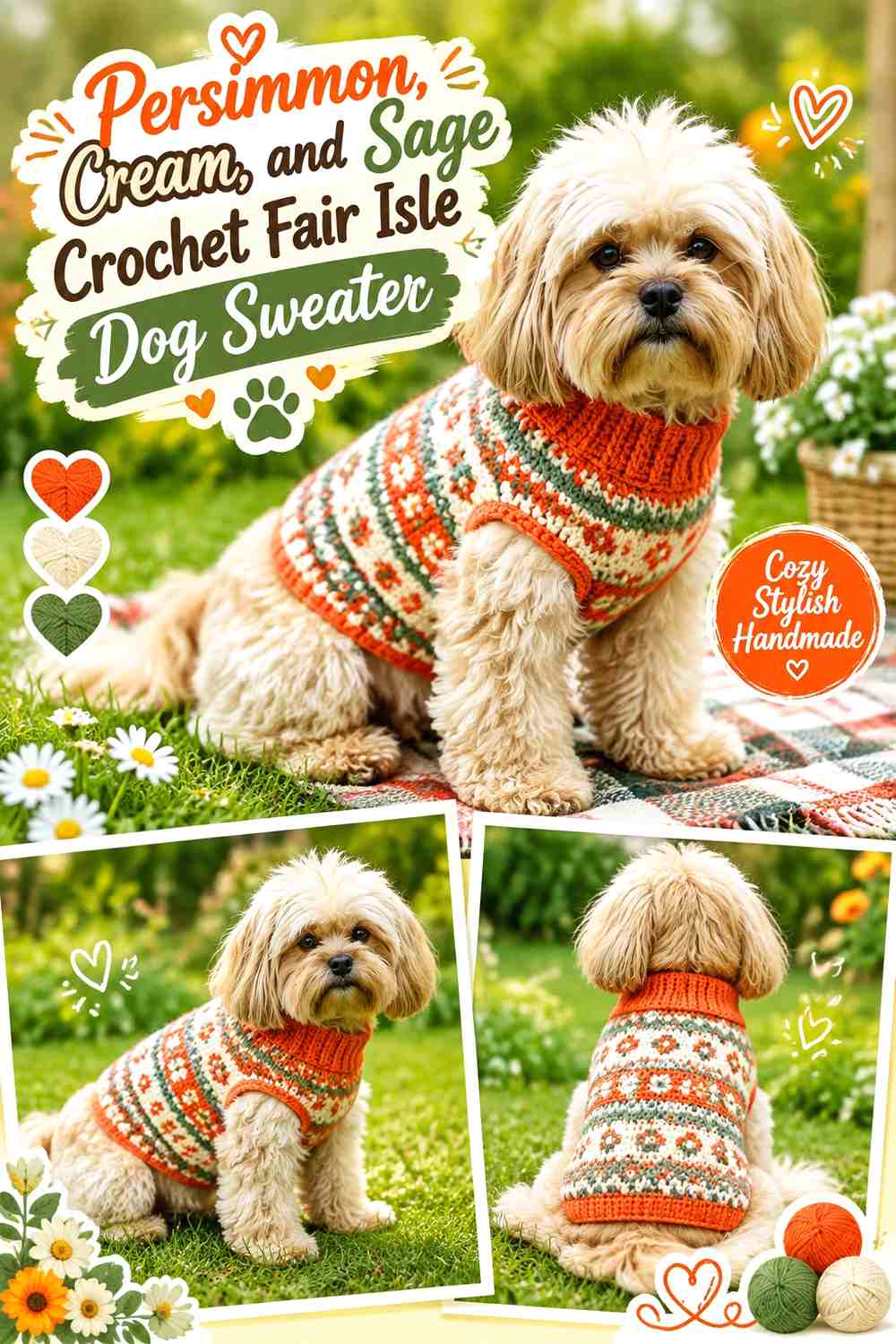 Persimmon, Cream, and Sage Crochet Fair Isle Dog Sweater