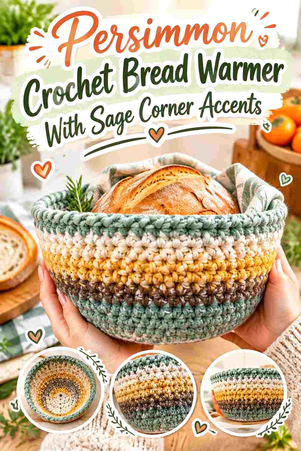 5. Persimmon Crochet Bread Warmer With Sage Corner Accents