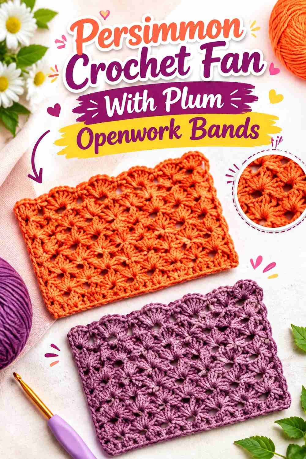 12. Persimmon Crochet Fan With Plum Openwork Bands
