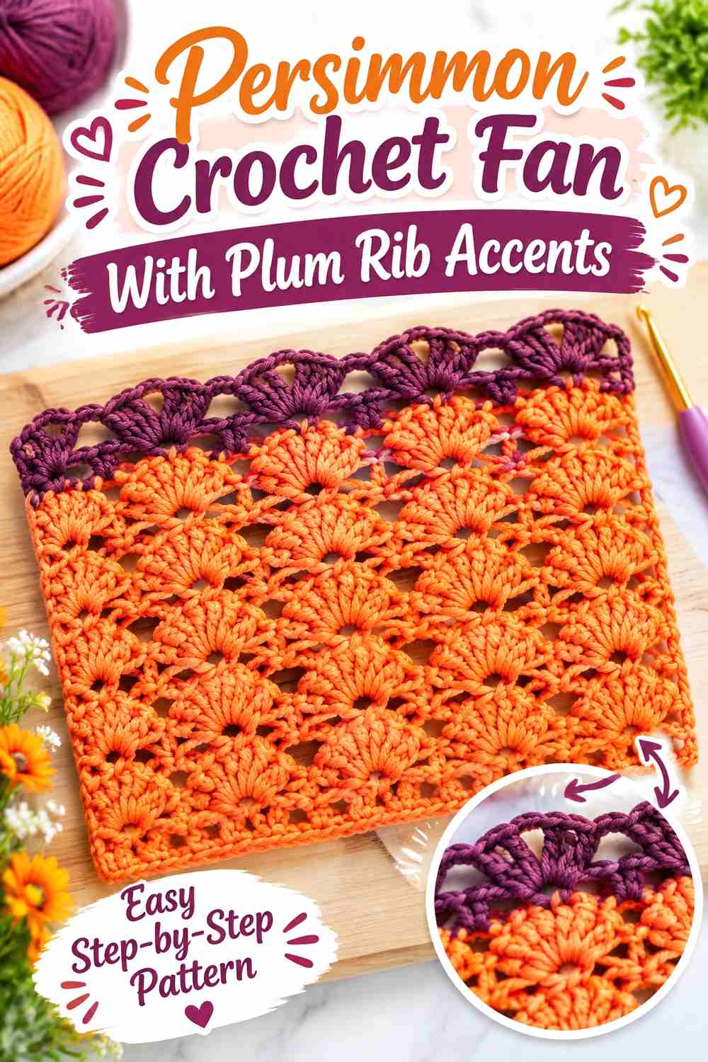 8. Persimmon Crochet Fan With Plum Rib Accents