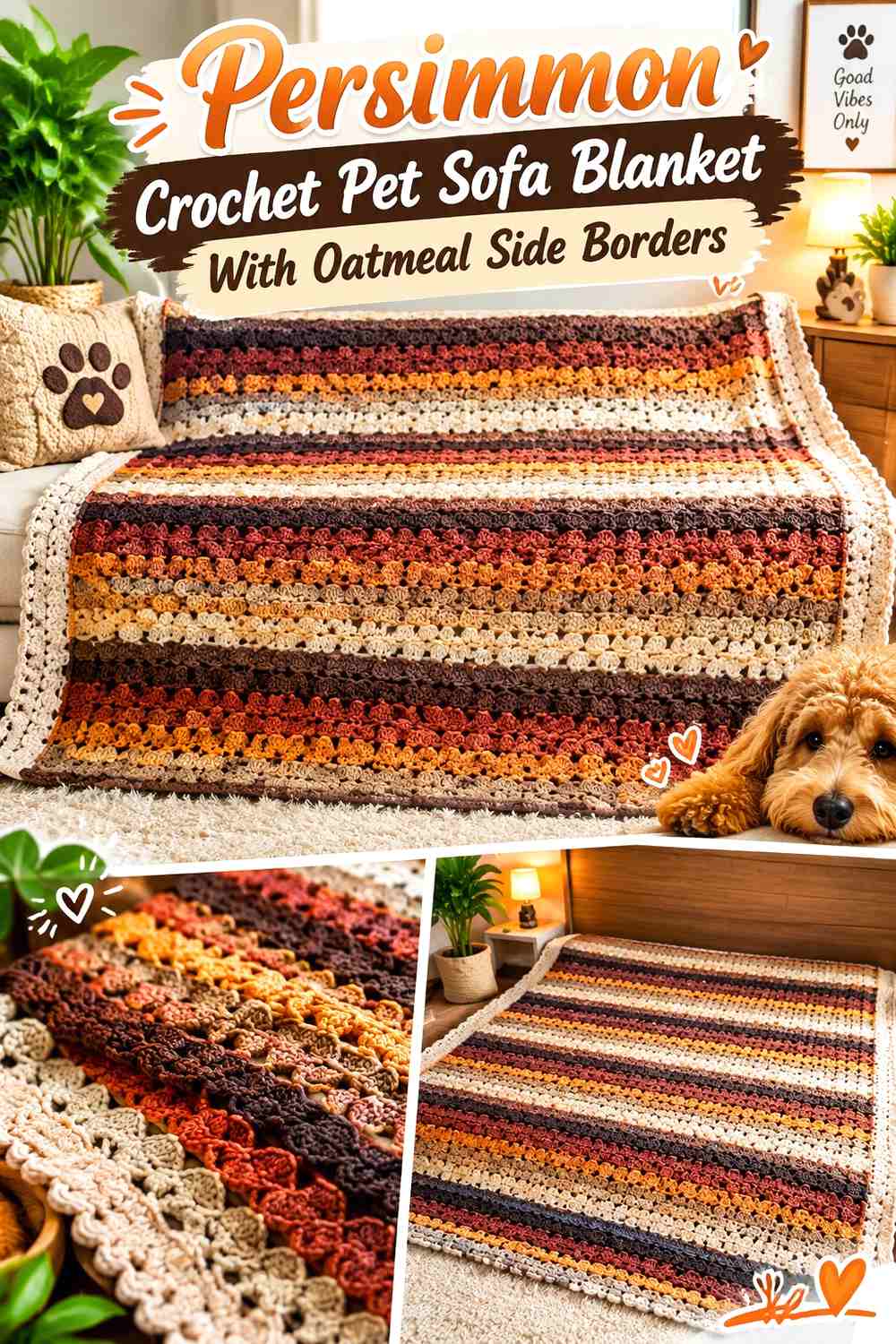 Persimmon Crochet Pet Sofa Blanket With Oatmeal Side Borders