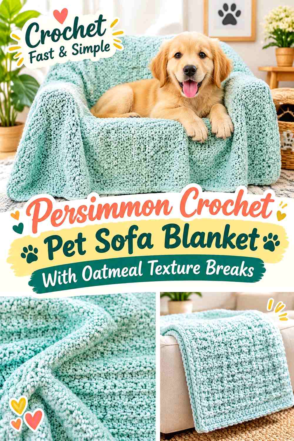 Persimmon Crochet Pet Sofa Blanket With Oatmeal Texture Breaks