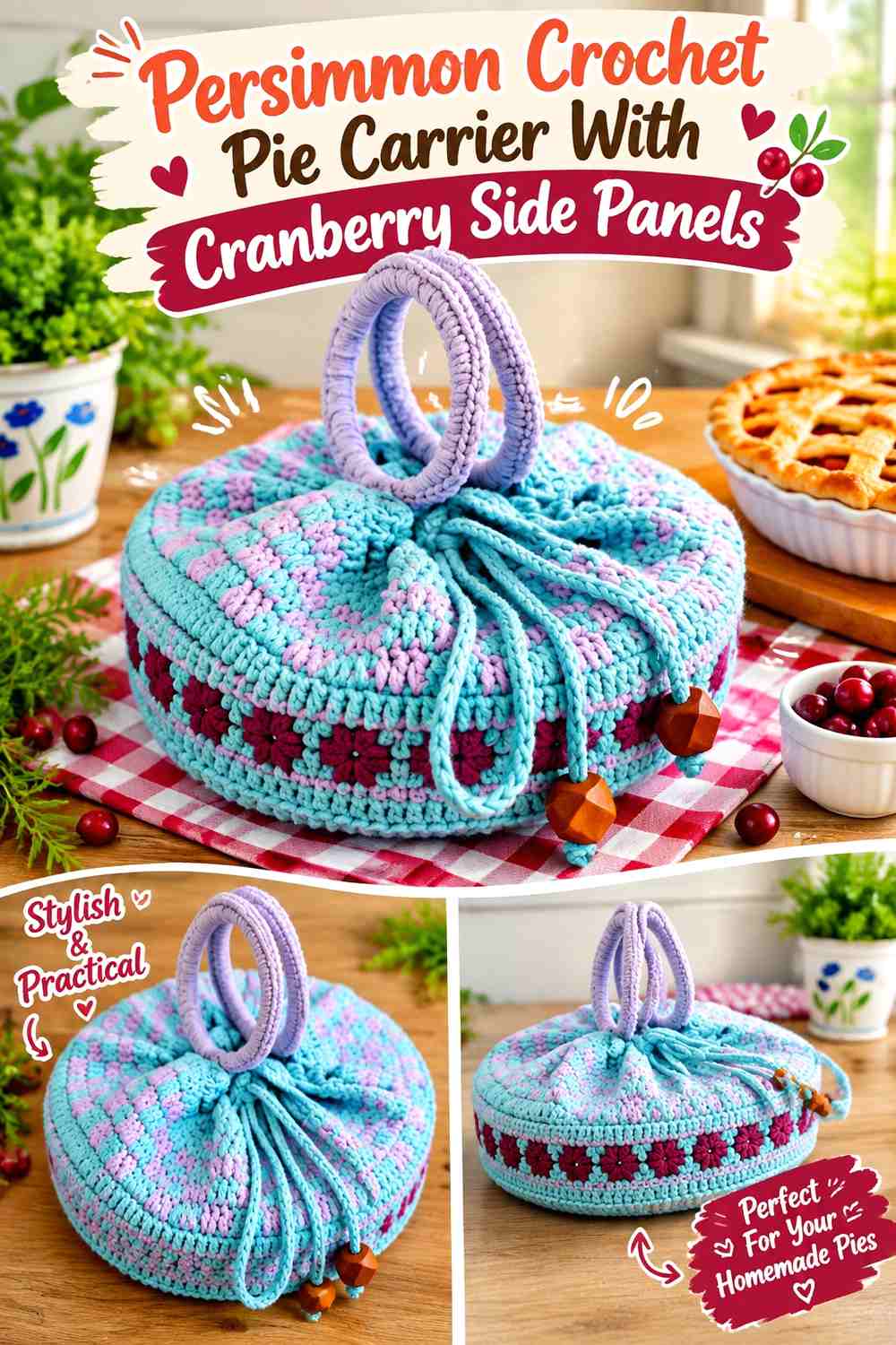10. Persimmon Crochet Pie Carrier With Cranberry Side Panels