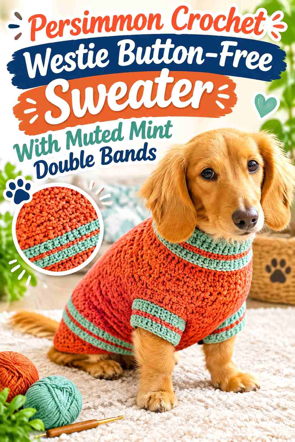 Persimmon Crochet Westie Button-Free Sweater With Muted Mint Double Bands