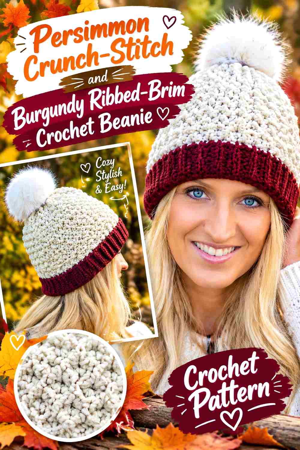 9. Persimmon Crunch Stitch And Burgundy Ribbed Brim Crochet Beanie