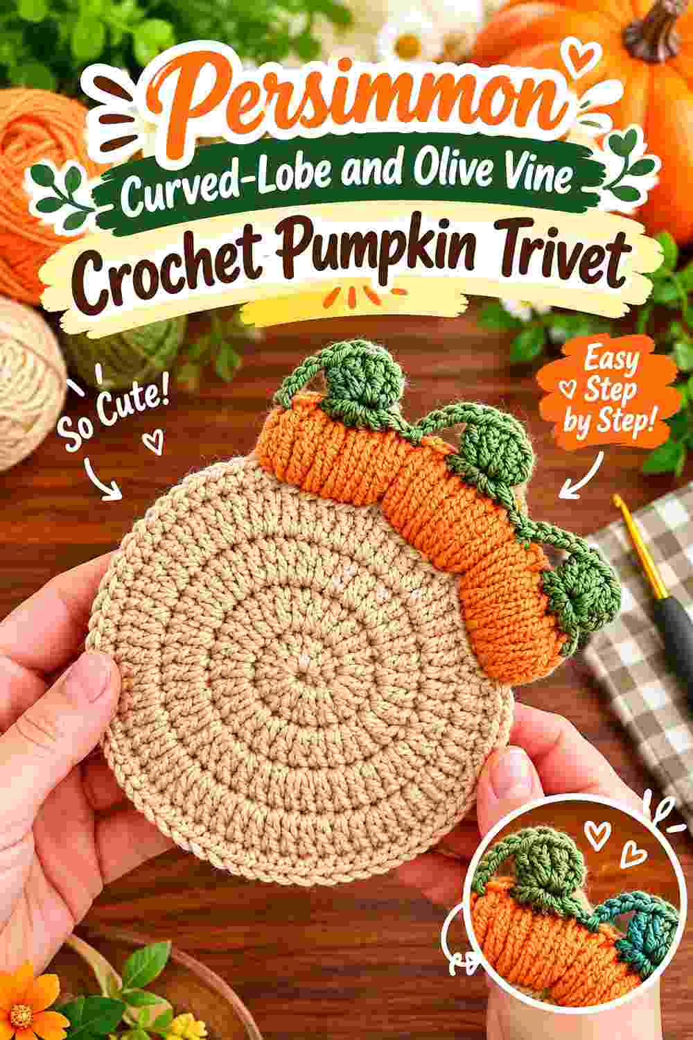 7. Persimmon Curved Lobe And Olive Vine Crochet Pumpkin Trivet