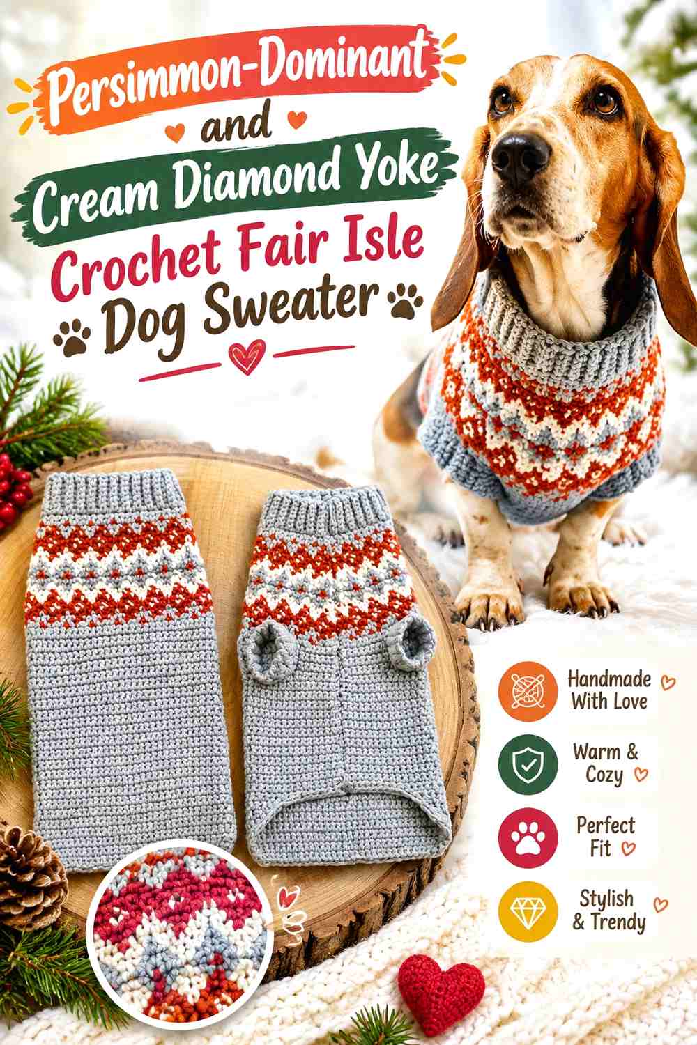 Persimmon-Dominant and Cream Diamond Yoke Crochet Fair Isle Dog Sweater