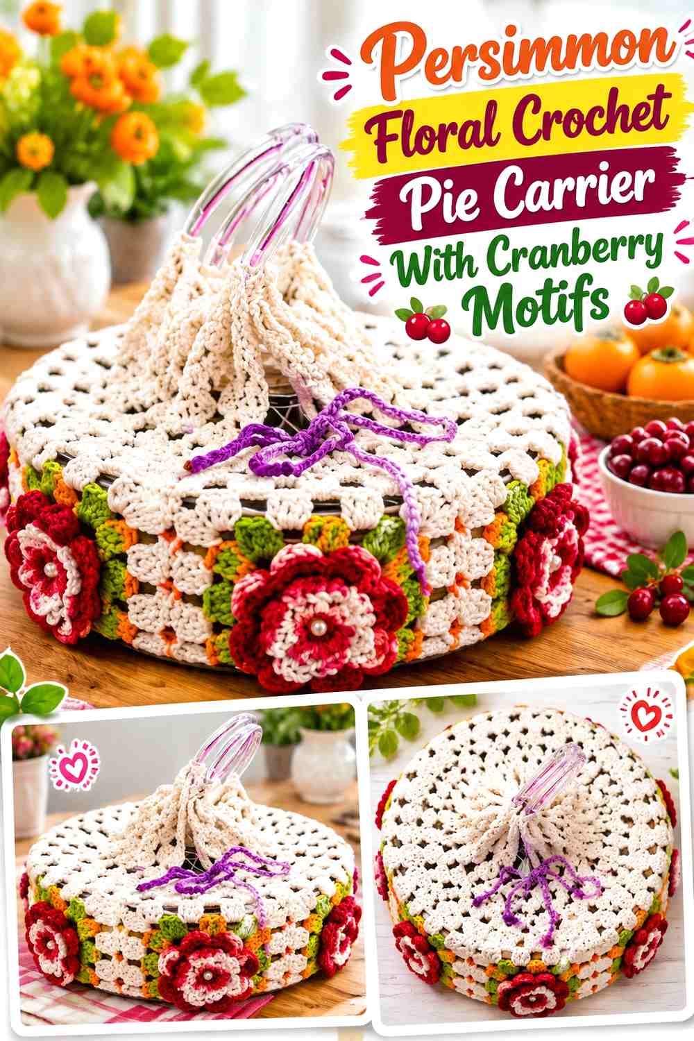 13. Persimmon Floral Crochet Pie Carrier With Cranberry Motifs