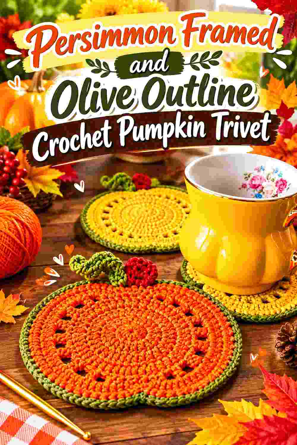 11. Persimmon Framed And Olive Outline Crochet Pumpkin Trivet