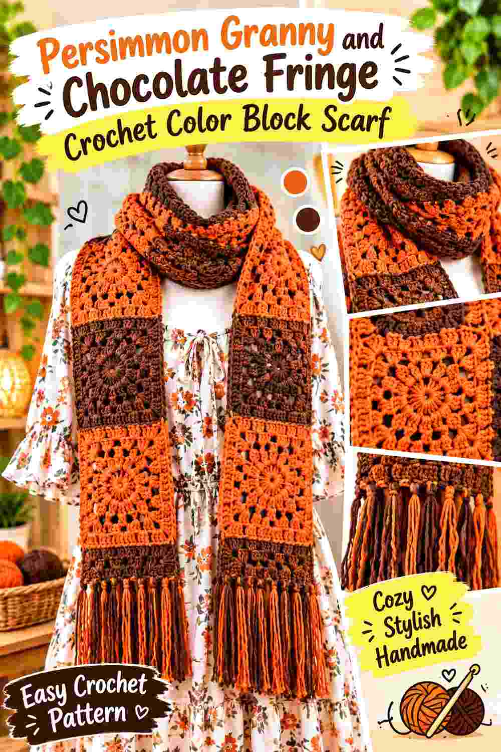 14. Persimmon Granny And Chocolate Fringe Crochet Color Block Scarf