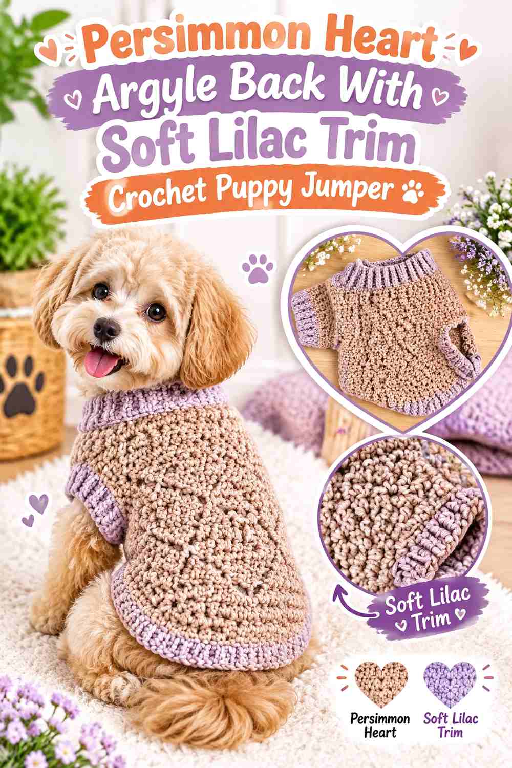Persimmon Heart Argyle Back With Soft Lilac Trim Crochet Puppy Jumper