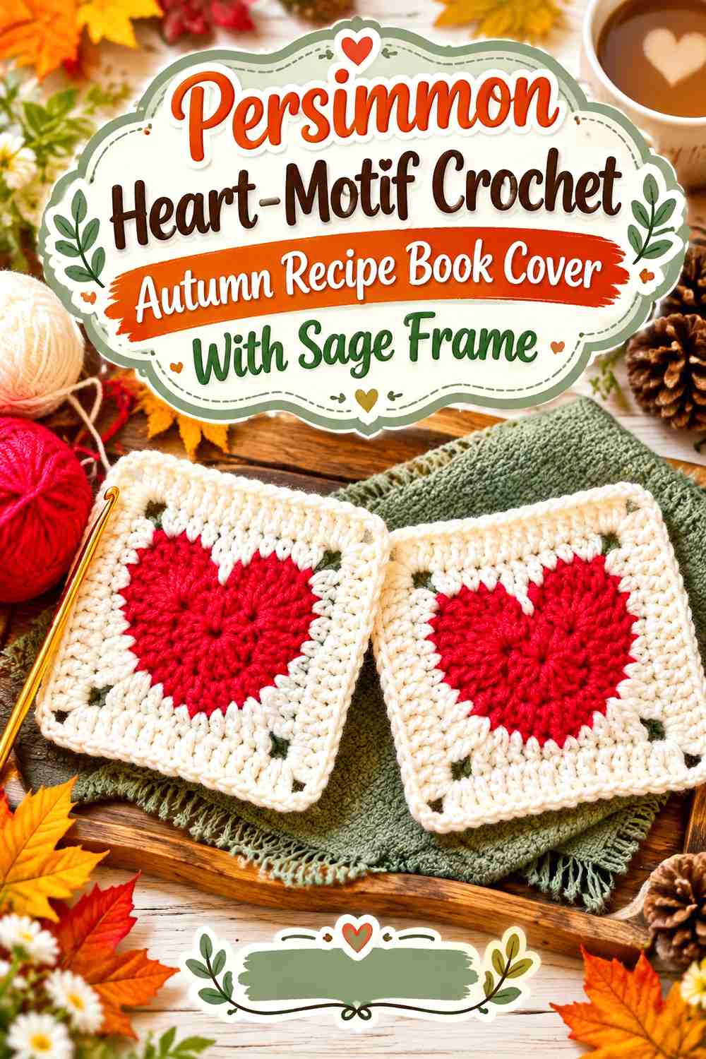 11. Persimmon Heart Motif Crochet Autumn Recipe Book Cover With Sage Frame