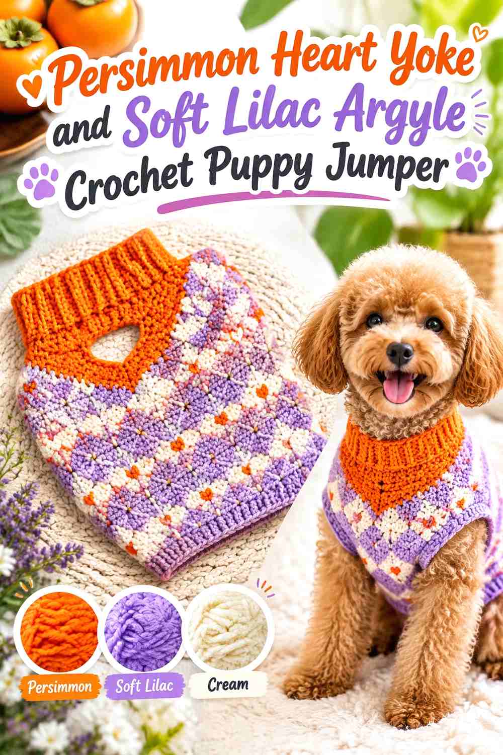 Persimmon Heart Yoke and Soft Lilac Argyle Crochet Puppy Jumper