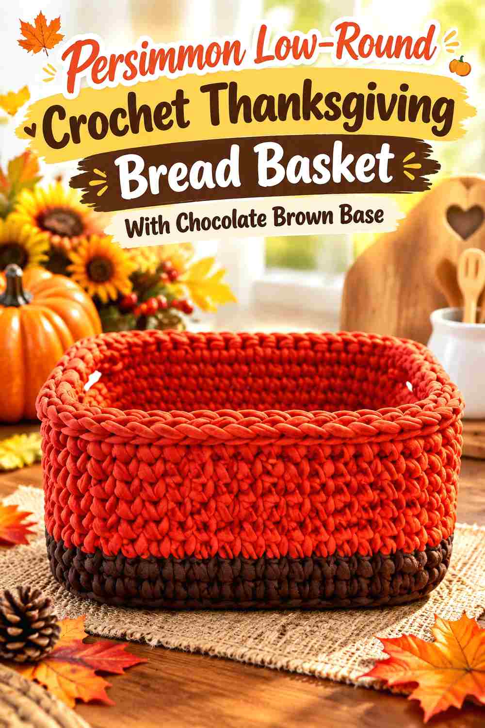 3. Persimmon Low Round Crochet Thanksgiving Bread Basket With Chocolate Brown Base