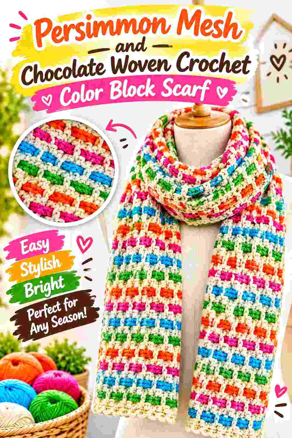 4. Persimmon Mesh And Chocolate Woven Crochet Color Block Scarf