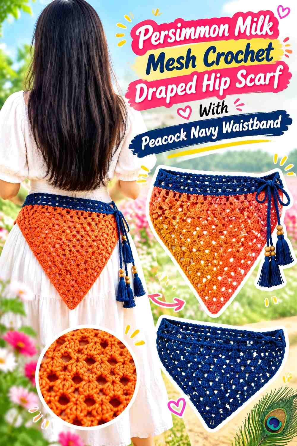 Persimmon Milk Mesh Crochet Draped Hip Scarf With Peacock Navy Waistband
