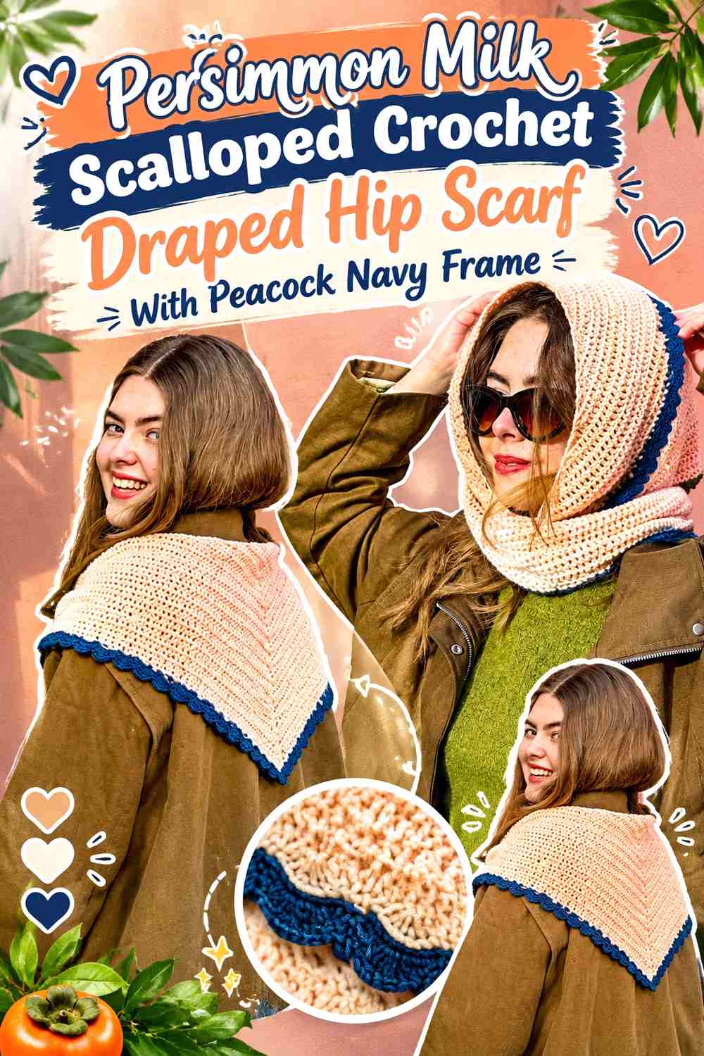 Persimmon Milk Scalloped Crochet Draped Hip Scarf With Peacock Navy Frame