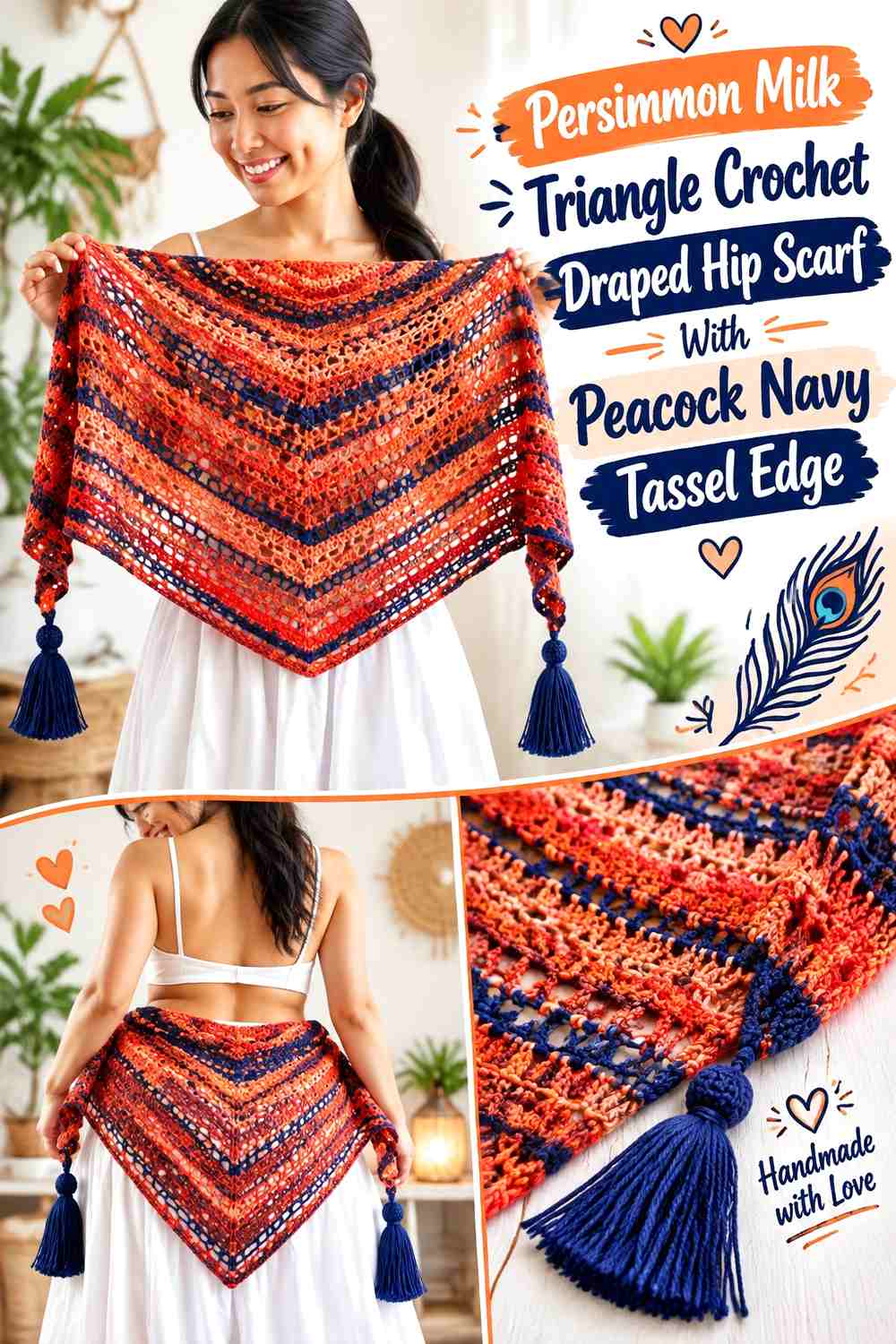 Persimmon Milk Triangle Crochet Draped Hip Scarf With Peacock Navy Tassel Edge