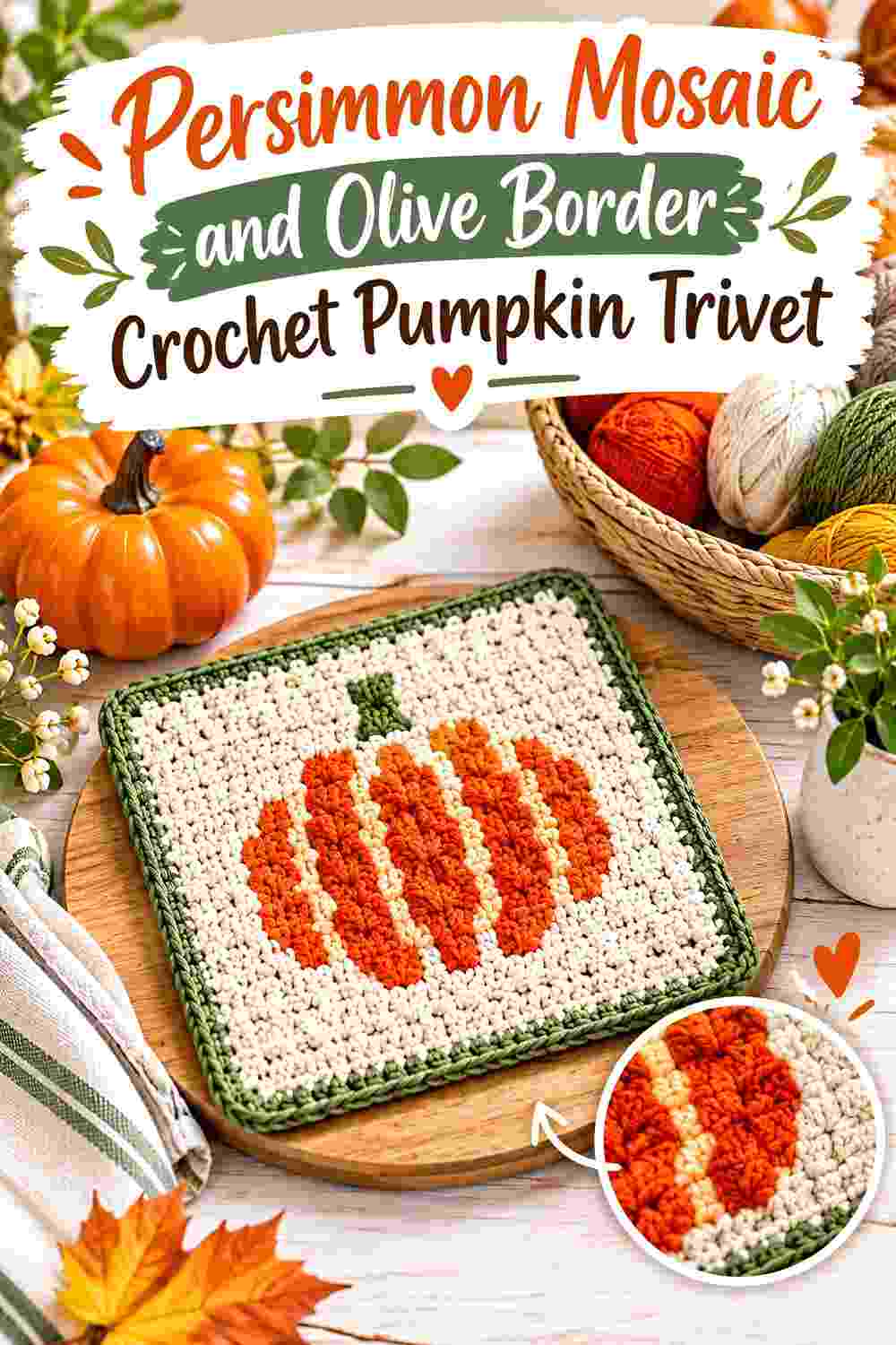 8. Persimmon Mosaic And Olive Border Crochet Pumpkin Trivet