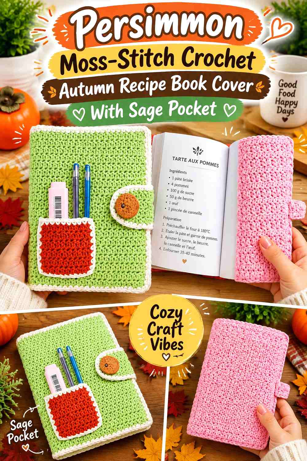 12. Persimmon Moss Stitch Crochet Autumn Recipe Book Cover With Sage Pocket