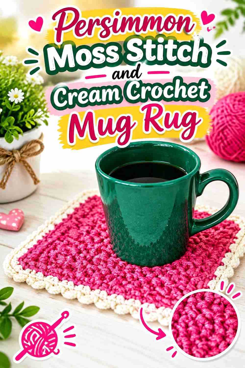 11. Persimmon Moss Stitch And Cream Crochet Mug Rug