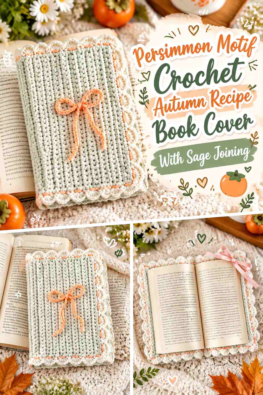 14. Persimmon Motif Crochet Autumn Recipe Book Cover With Sage Joining