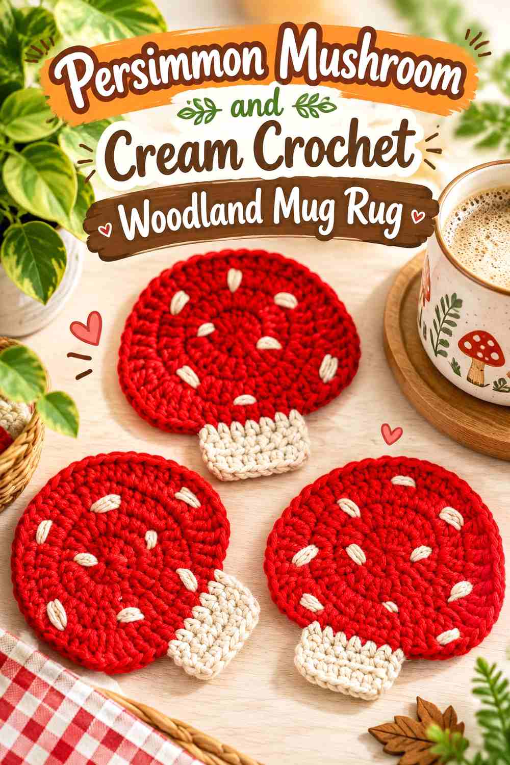 5. Persimmon Mushroom And Cream Crochet Woodland Mug Rug