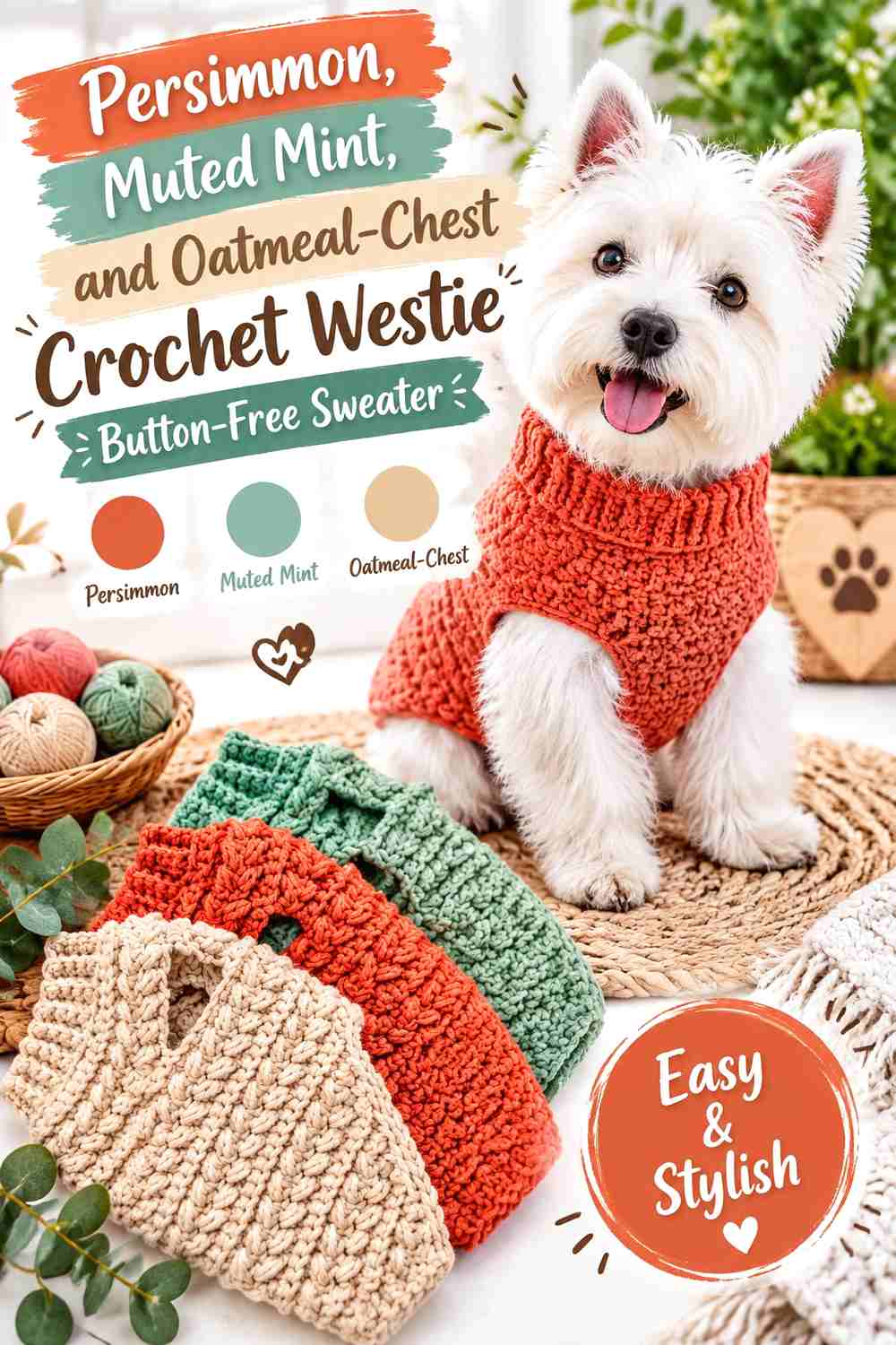 Persimmon, Muted Mint, and Oatmeal-Chest Crochet Westie Button-Free Sweater