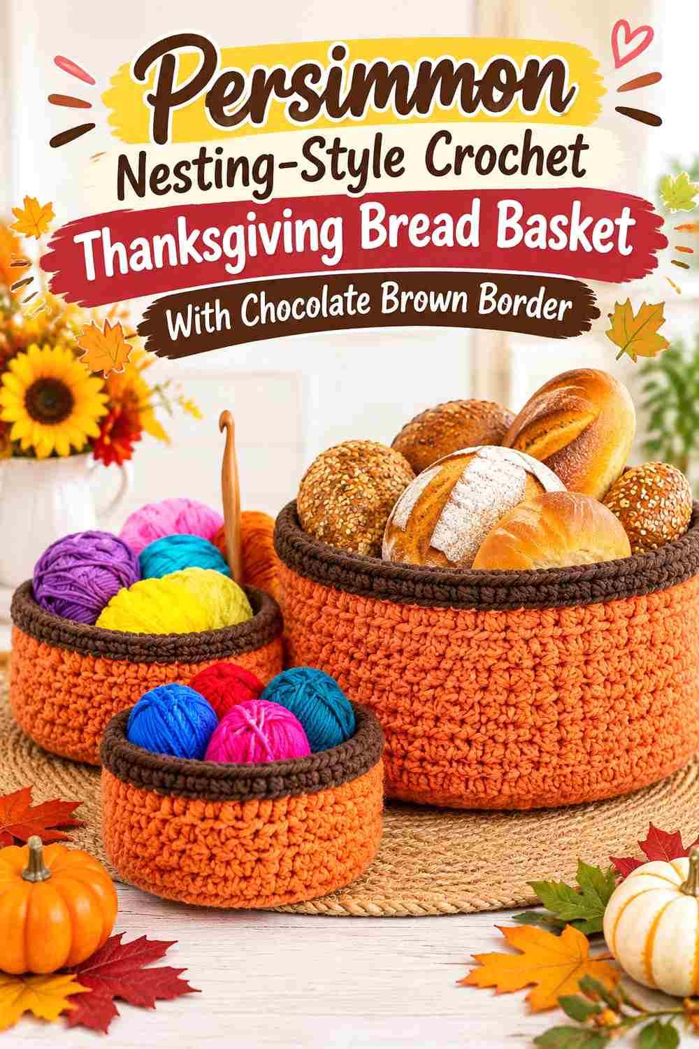 9. Persimmon Nesting Style Crochet Thanksgiving Bread Basket With Chocolate Brown Border
